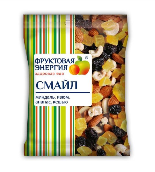 Изображение товара Сухофрукты Смайл (миндаль, кешью, ананас, изюм) фруктово-ореховая смесь, 50г Сухофрукты Смайл (миндаль, кешью, ананас, изюм) фруктово-ореховая смесь, 50г фотография