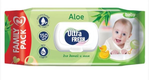 Изображение товара Салфетки влажные Ultra Fresh Baby Aloe для детей и мам с клапаном №150 Салфетки влажные Ultra Fresh Baby Aloe для детей и мам с клапаном №150 фотография